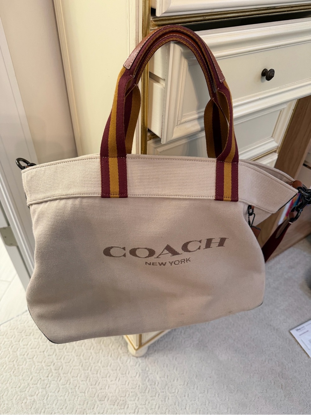 Coach Cream Canvas Tote with Burgundy and Mustard Stripe Handles